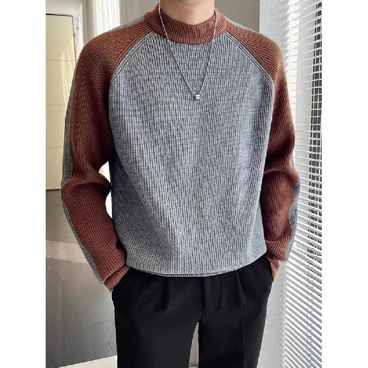 Pull Chaud à Col Roulé Automne et Hiver pour Homme Coréen Classique Vintage Manches Raglan Couleur Contrastée Pull Chemise de Fond Pull Homme