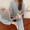 Casual Ice Silk Pajama Set with Round Neck T-shirt and Wide Leg Trousers
