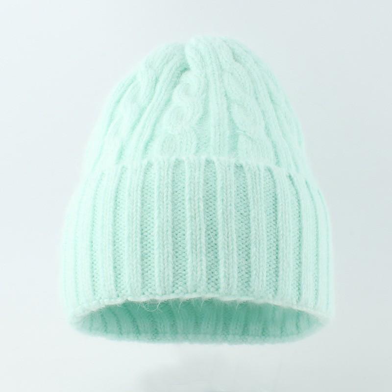 Womens Winter Angora Knit Beanie Hat With Long Rabbit Fur Trim Cable Rolled Edge Solid Color Warm Cozy