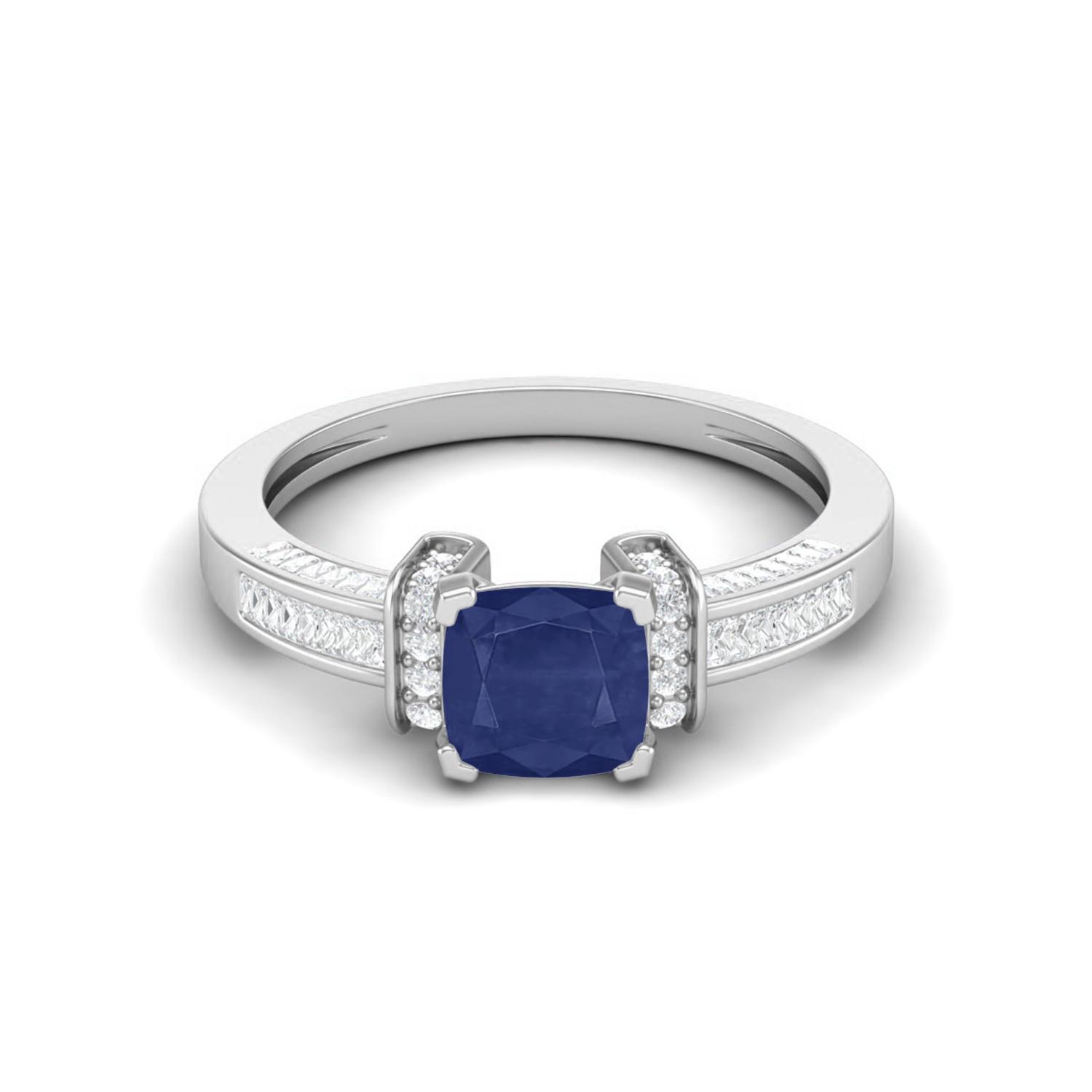 2.03 Cts Cushion Blue Sapphire Art Deco Shank 925 Sterling Silver Women Wedding Ring