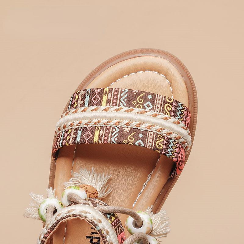 Mädchen-Sandalen im ethnischen Stil, Sommer-Prinzessin-Schuhe, Quaste, weicher Boden, Strandschuhe