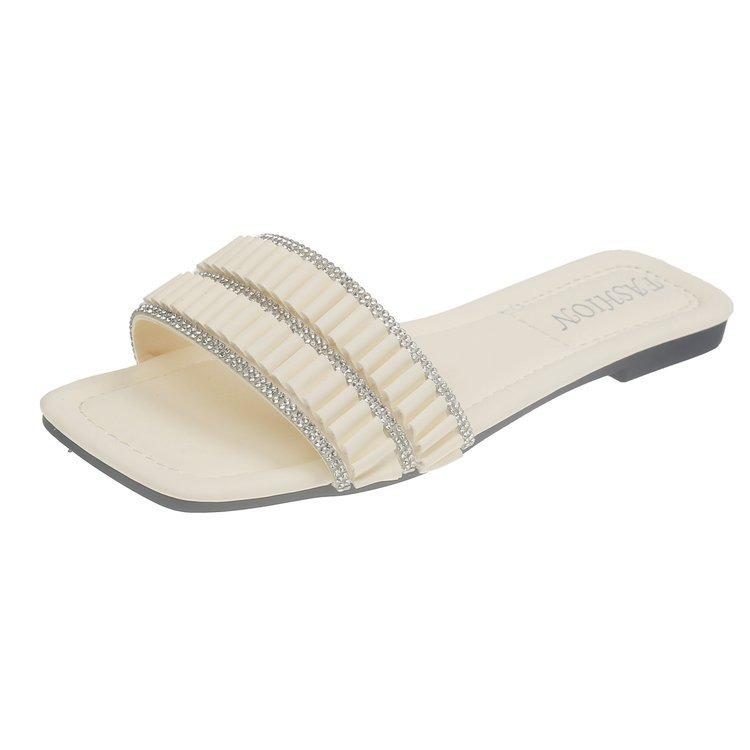 

Foreign trade large-size women s shoes, fashionable one-word flat-bottomed slippers for outer wear, 2025 summer new square head bead slippers 43