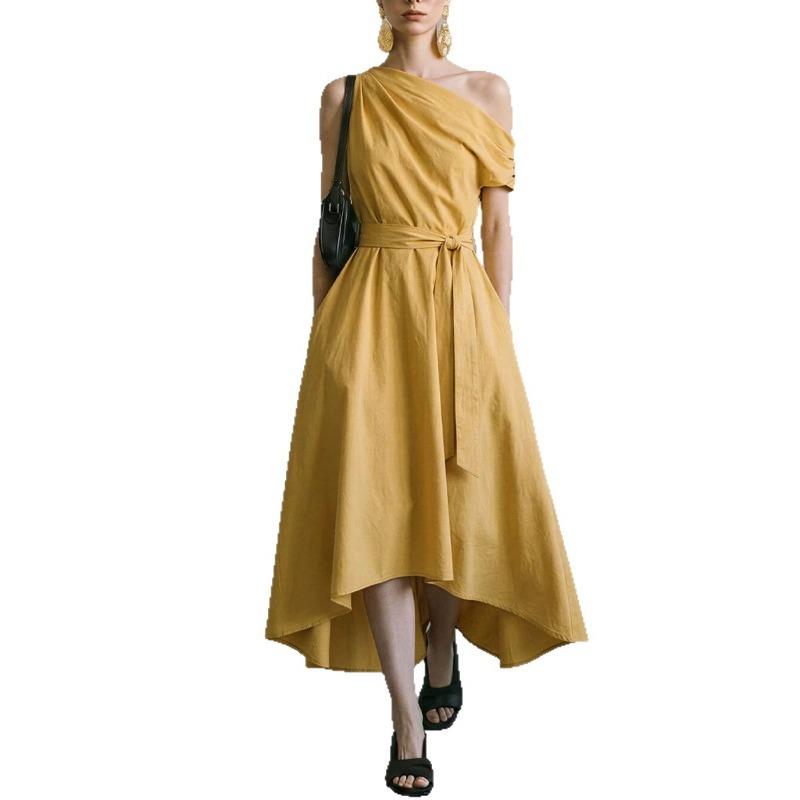 New Summer/Fall Collection Elegant Off-the-Shoulder Waist-Cinched Tie-Front Dress with Asymmetrical Hem for Women