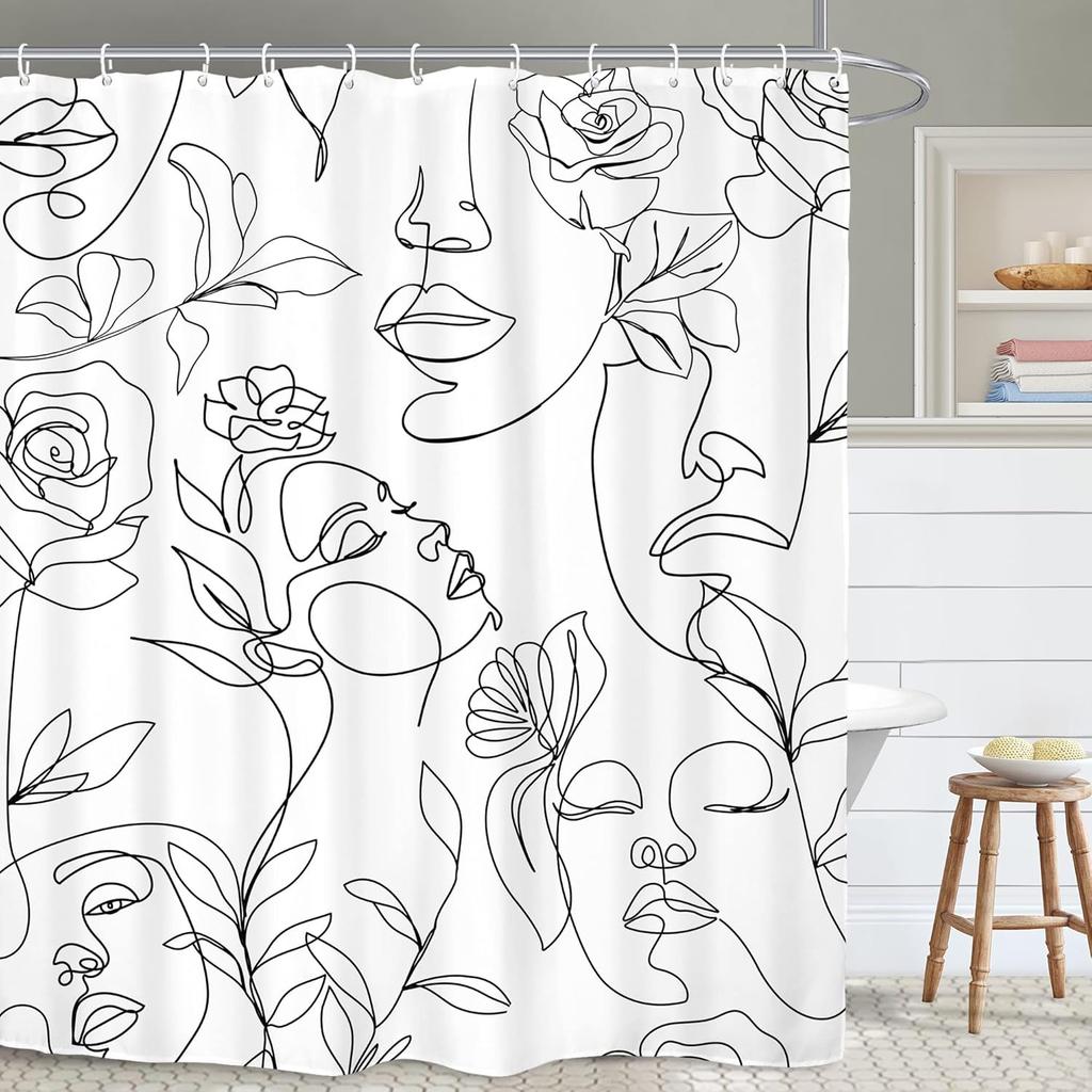 Abstract Face Minimalist Modern Bathroom Shower Curtain Line Art Modern Funny Aesthetic Cute Artsy Polyester Fabric Waterproof