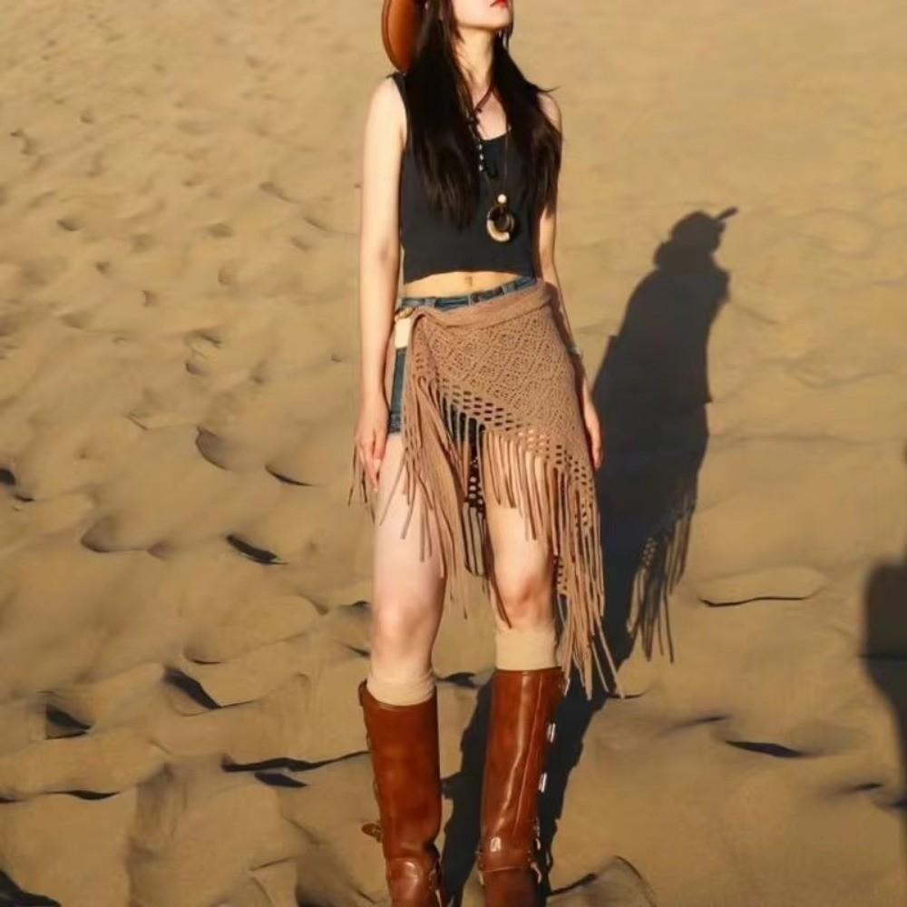 Knitted Belly Dance Clothing Tassel Triangular Scarf Women Hip Scarf  Adult Dance Practice