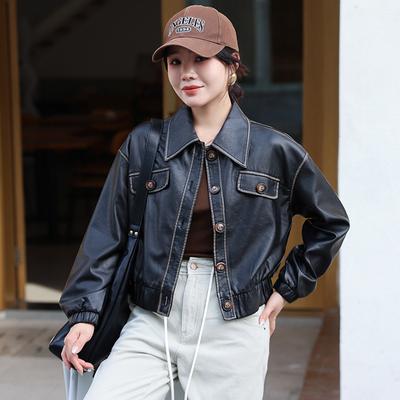 Short Leather Jacket for Women, Spring and Autumn, Small, High-end, Korean Style, Loose, Casual, Versatile, Topstitched Leather Jacket, Coat