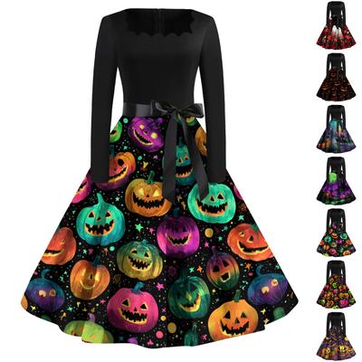 Women's Casual Vintage Halloween Print Square Neck Long Sleeve Dress with Waist Bow Tie Retro Style Flared Skirt
