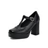 Bullock women's single shoes spring and autumn square head platform thick heel super high heel T-strap British style women's high heels