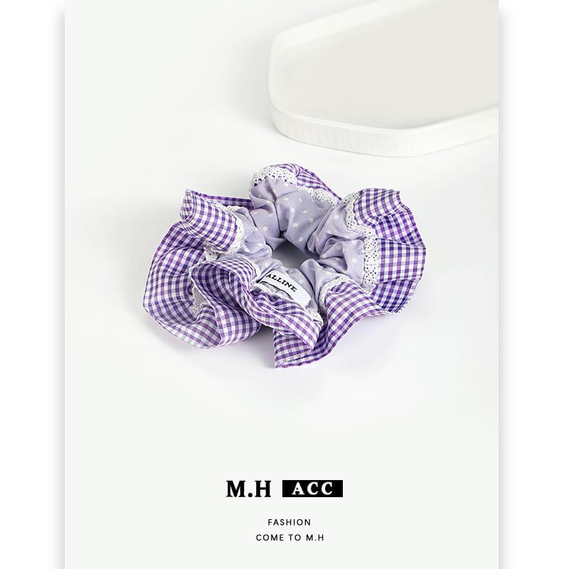 2025 New Korean Version Plaid Color Matching Lace Polka Dot Large Intestine Hair Band Sweet, Fresh and Simple Versatile Headrope Wholesale