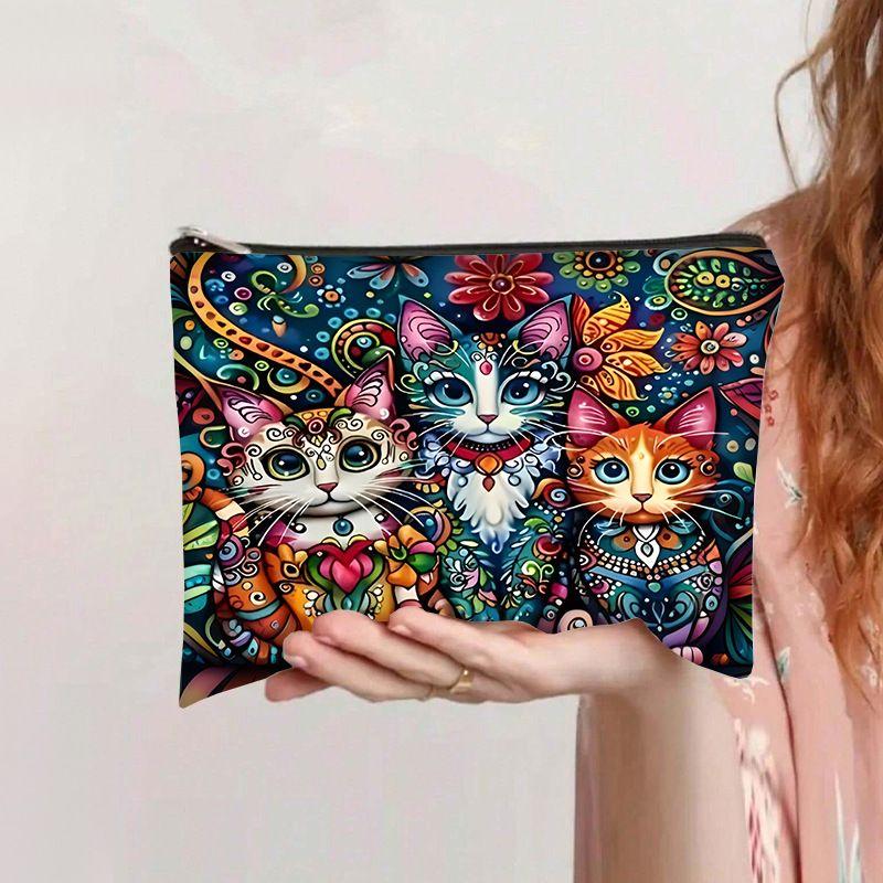 Retro kočičí kosmetická taška plátěná na zip velkokapacitní penál úložný prostor na kosmetiku taška na ruční mytí