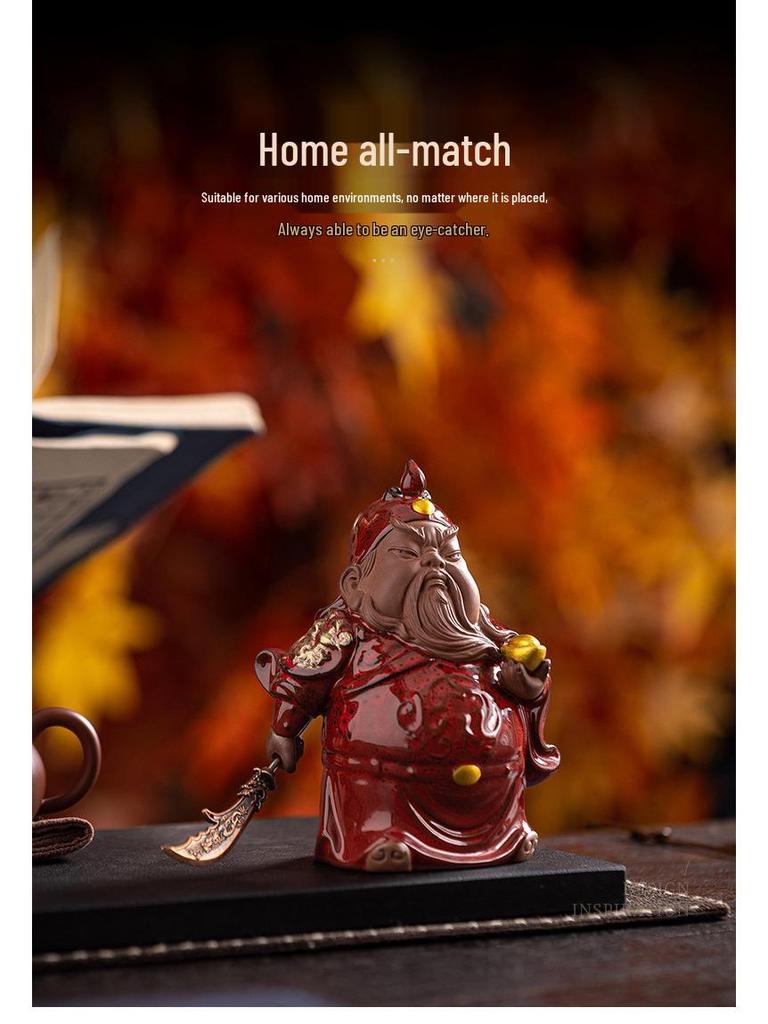 Guan Gong Martial Saint Statue: Ceramic Guan Yu Ornament for Tea Room, Living Room, or Study Decor.