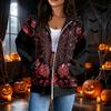 Women's Casual Long Sleeve Zip-Up Hooded Sweatshirt with Halloween Print