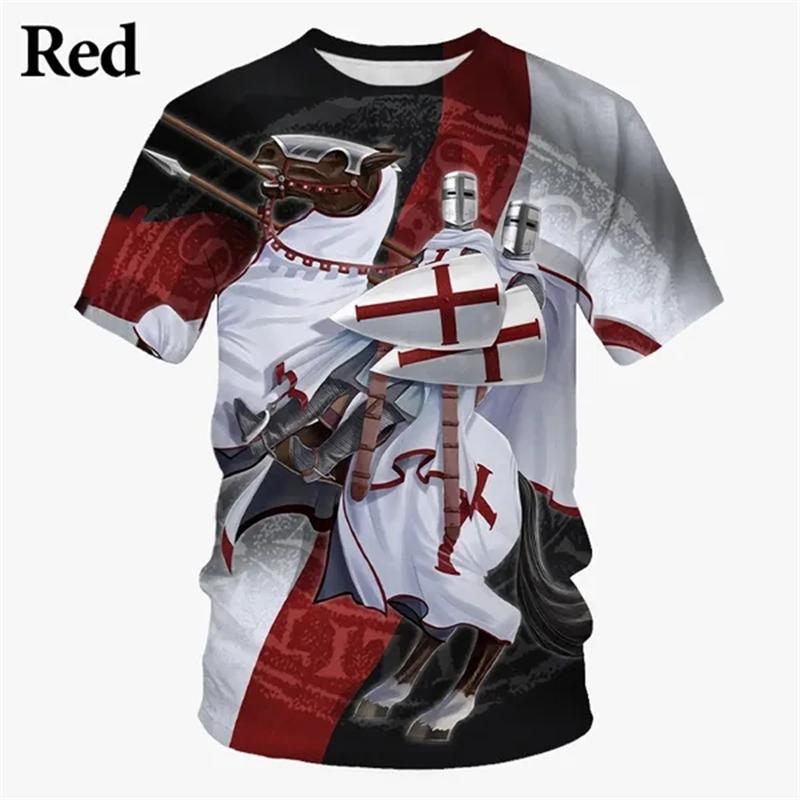 New Knight Templar 3D Printed Men's Fashion T-Shirt, Vintage Cross Pattern, Short Sleeve, Summer Cool Top, Men's Street Style