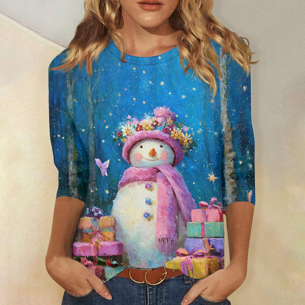 3/4-Ärmel-Shirts für Damen Druck Weihnachts-T-Shirts Blusen Lässig Übergröße Basic-Oberteile Pullover