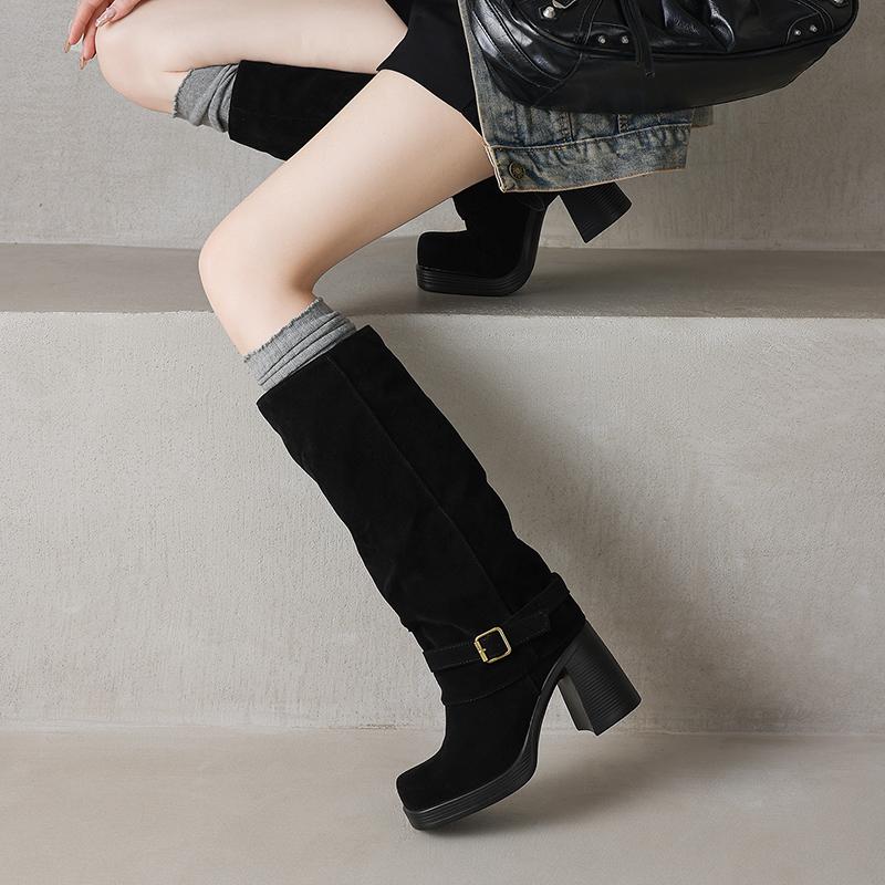 Women's High-heeled Boots Autumn and Winter New Sexy Temperament Thick Heel Square Head Large Size Medium Boots