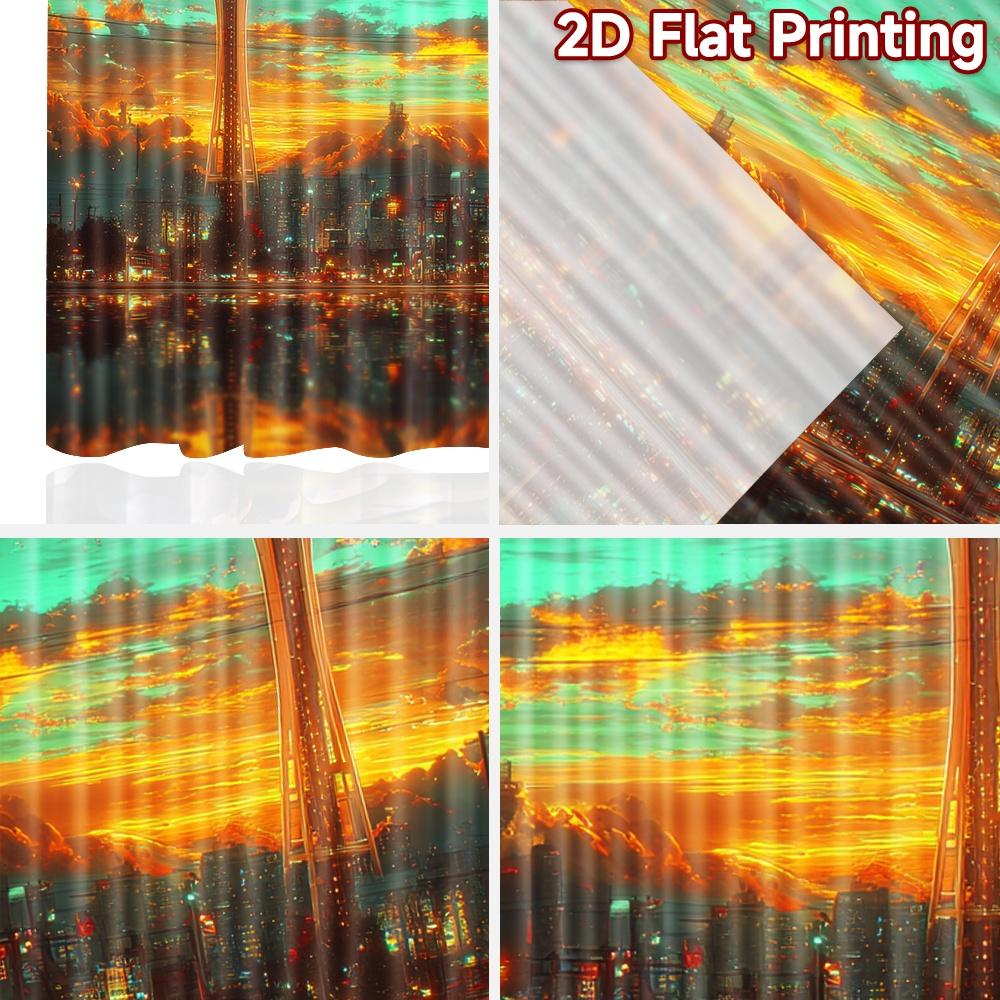 Set Of 2 Flat Printing Curtains Without Rod Futuristic City Sunset April Fools Is Day Holiday Digital Made Polyester