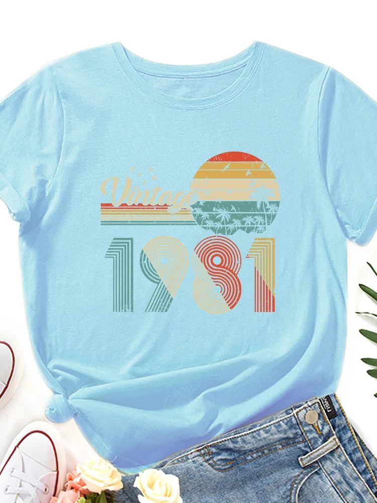 Vintage 1981 Nadruk Damska Koszulka Krótki Rękaw Okrągły Dekolt Luźna Damska Koszulka Damskie Koszulki Topy Ubrania Camisetas Mujer
