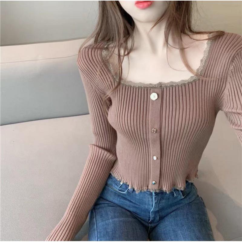 2024 Autumn French Square Neck Knit Base Layer Top for Women - Short, Stylish Sweater
