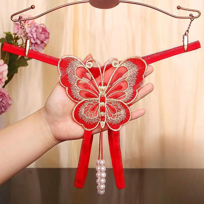 Women Sexy String Butterfly Embroidery Briefs Ultra-Thin Lace Underwear See-Through Low Rise T-Back Open Crotch Underpants