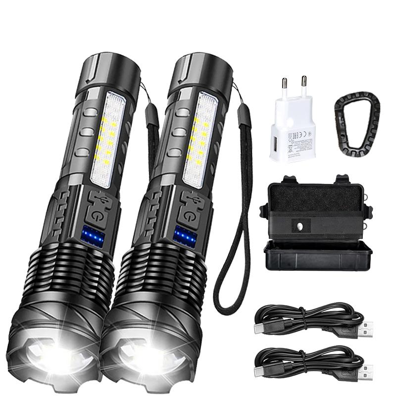 XHP50 High Power LED Flashlight Tactical COB Side Light Zoomable Torch Spotlight Rechargeable Waterproof Self-defense Flashlight