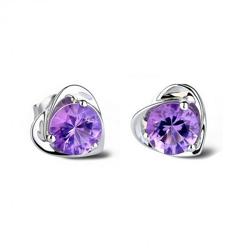 Korean Style Rhinestone Heart Stud Earrings for Women Purple Rhinestone
