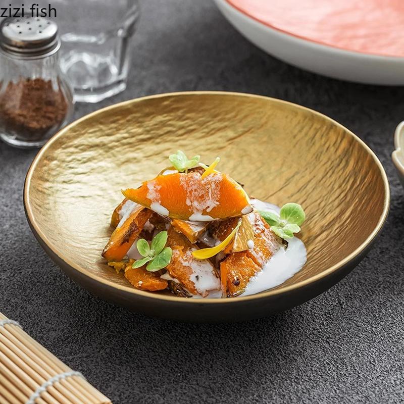 Black Gold Stone Patterned Salad Bowl Restaurant Ceramic Deep Bowl Soup Bowl Sashimi Bowls Dessert Bowls Creative Tableware