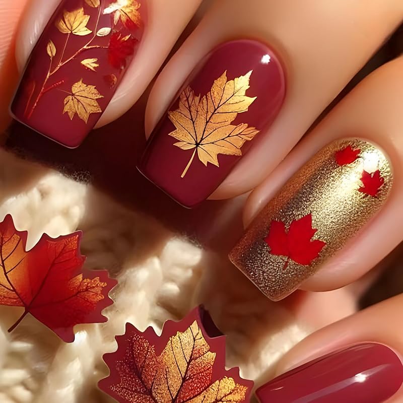 Fall Leaf Press on Nails Thanksgiving Pumpkin False Nails with Design Medium Square Artificial Stick on Nail Glossy Autumn Maple Leaves Acrylic Glue
