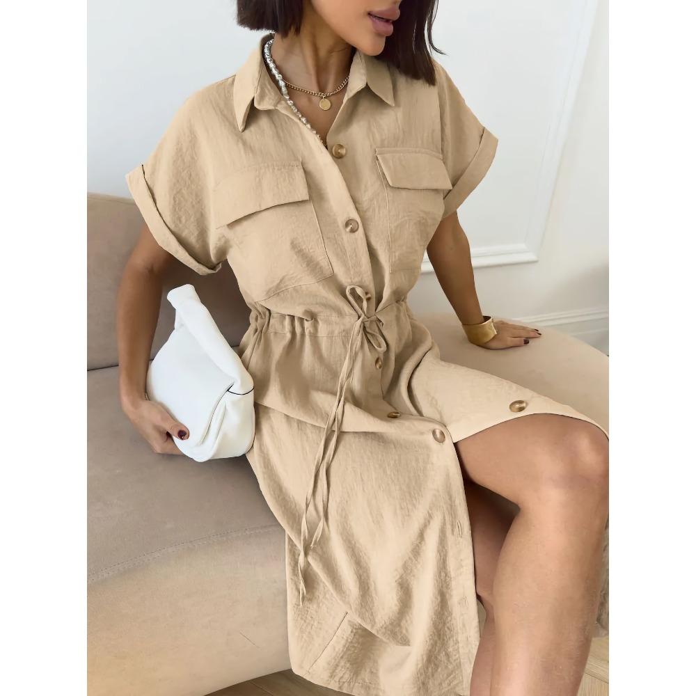 Women's Turn Down Collar Short Sleeve Midi Dress Loose Mid Waist Elegant Solid Polyester Rayon Nylon Shirt Dress With Pocket Drawstring