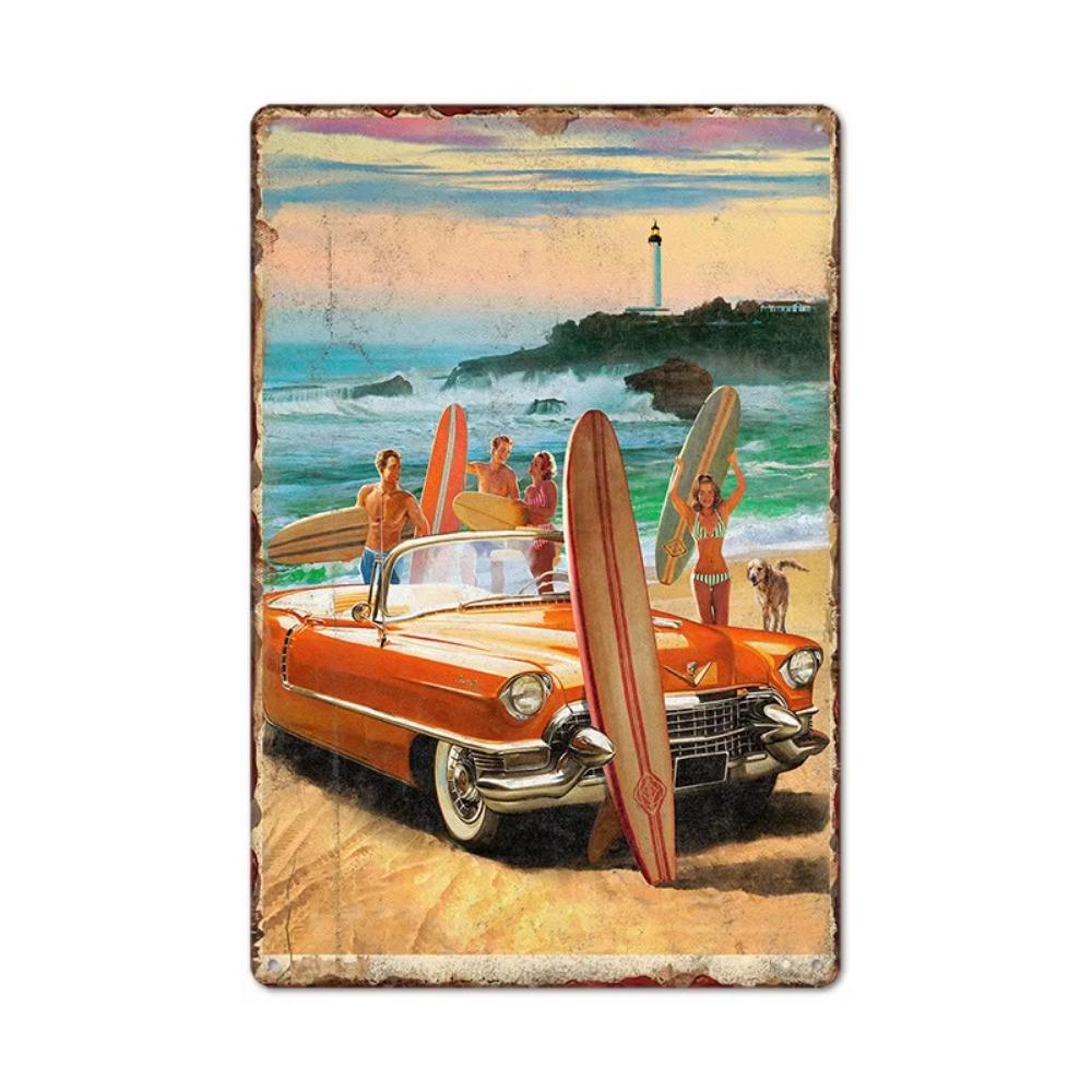 Vintage Tin Art of Summer Surfboards: Ideal for American Bar Backdrops and Home Decor Wall Murals