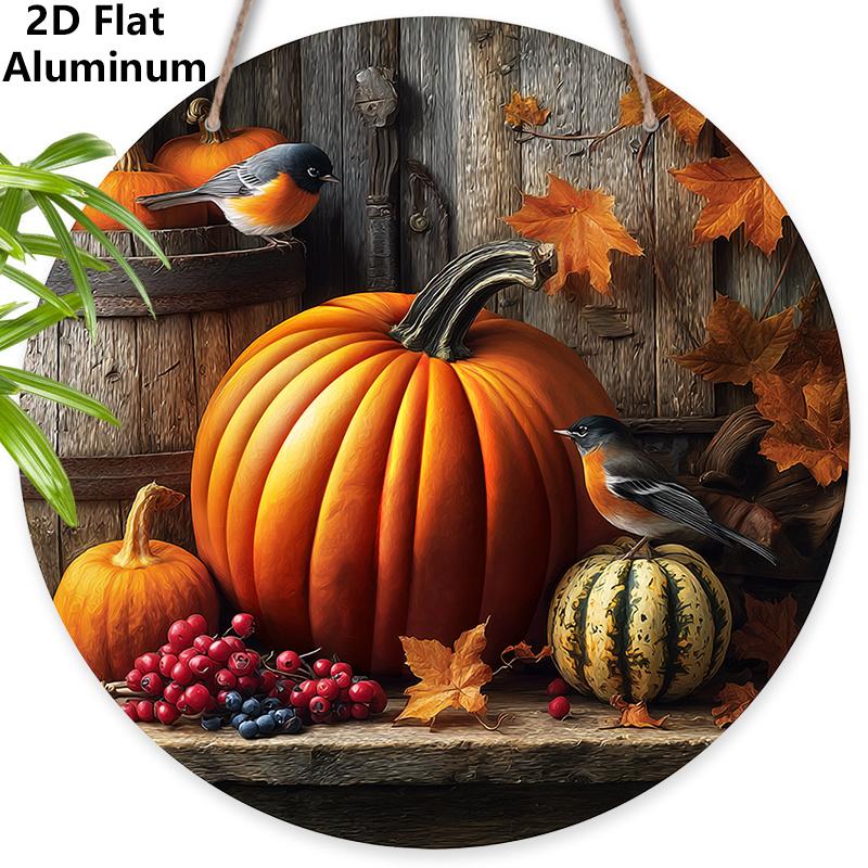 

2D Flat Autumn Aluminium Sign with Bird & Pumpkin Pattern - Thanksgiving Figurine Ornaments - Ideal for Front Door, Wall, Porch, Fence Decor - Ideal 7.87×7.87inch