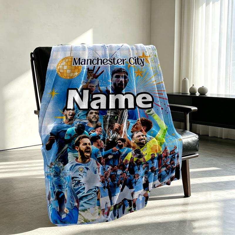 Custom Name Personalized Manchester City FC Print Blankets, Home Decor, Bedroom, Sofa, Camping, Couch, Gifts for Birthday Christmas