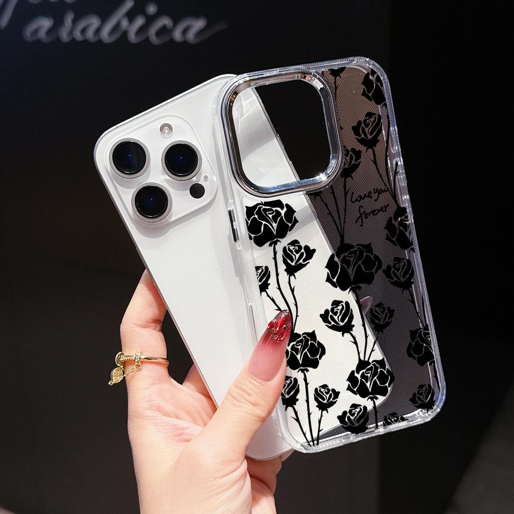 Clear Black Rose Phone Case for iPhone 17 Air 16E 16 15 Pro Max 14 Plus 13 12 Mini X Xs 8 7 Soft TPU Cover Coques Accessory