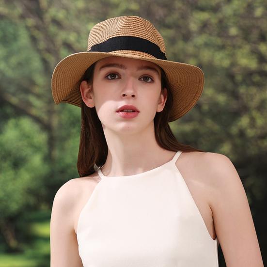 Beach Hat with Wrap-Around Brim, UV Protection Breathable Natural Straw Hat, Flat Top Summer Sun Hat for Beach Vacation Tropical Travel Outdoor