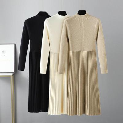 Women Autumn Winter High Neck Solid Color Long Sleeve High Waist Thicken Pleated Knitted Sweater Dress