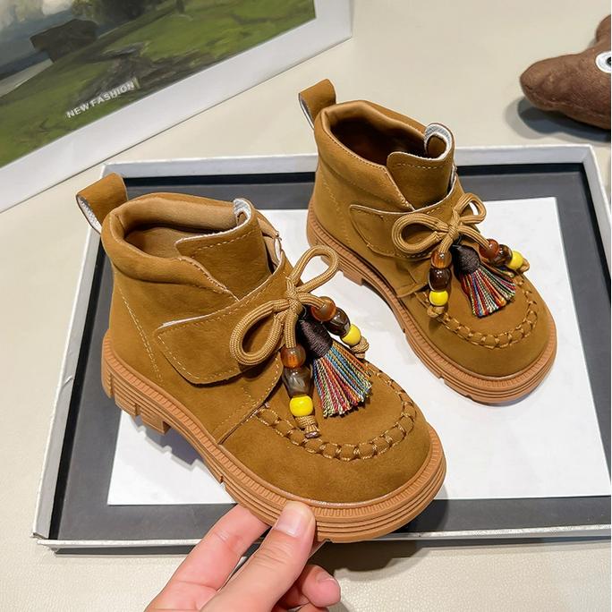 Colorful Tassel Girl's Short Boots  Semester Student Platform Boots  Hanging Beads National Style Children Boots