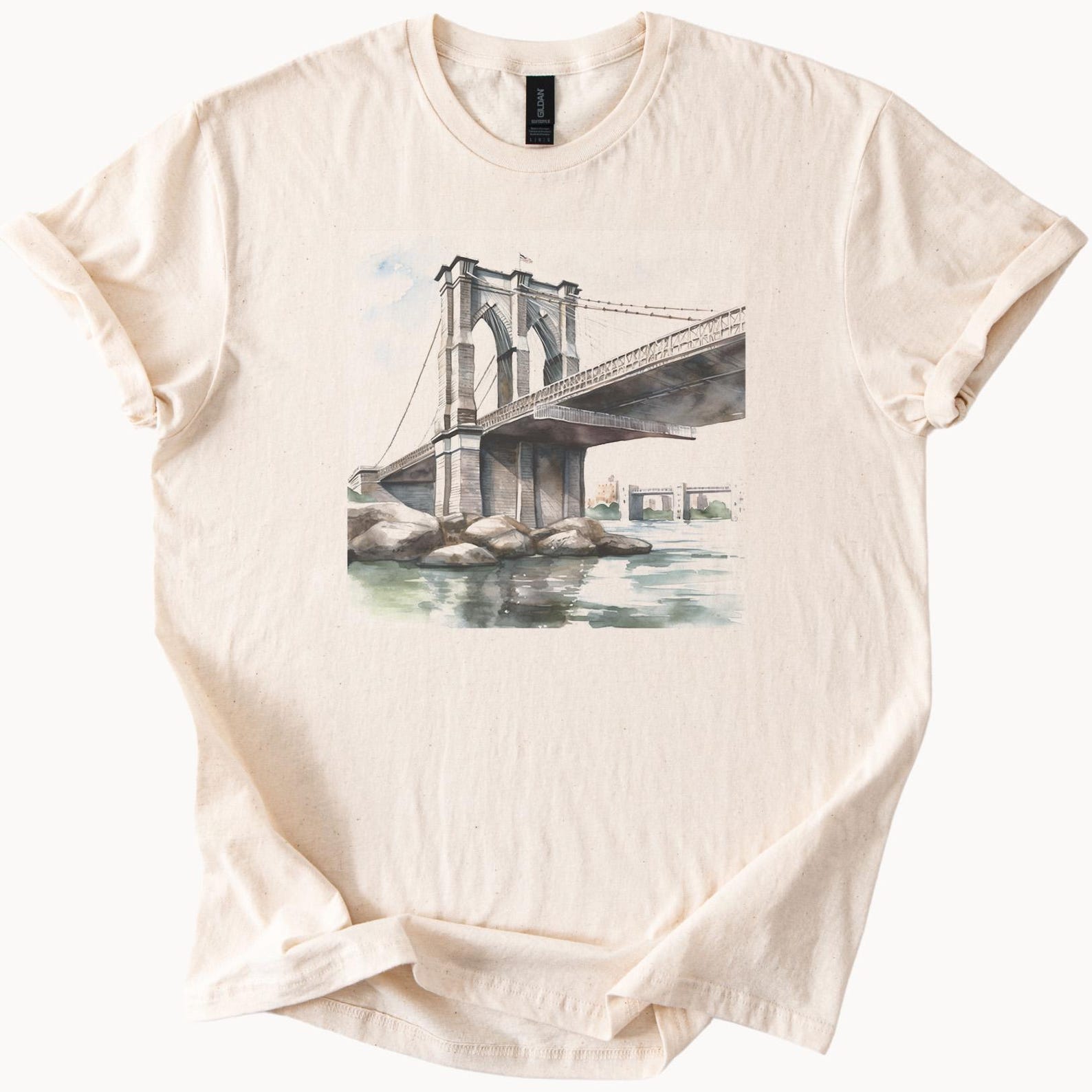 Brooklyn Bridge Art Graphic T Shirt Watercolor Cityscape Skyline Architecture Drawing New York River Bridge Tee Urban Travel Shirt 100