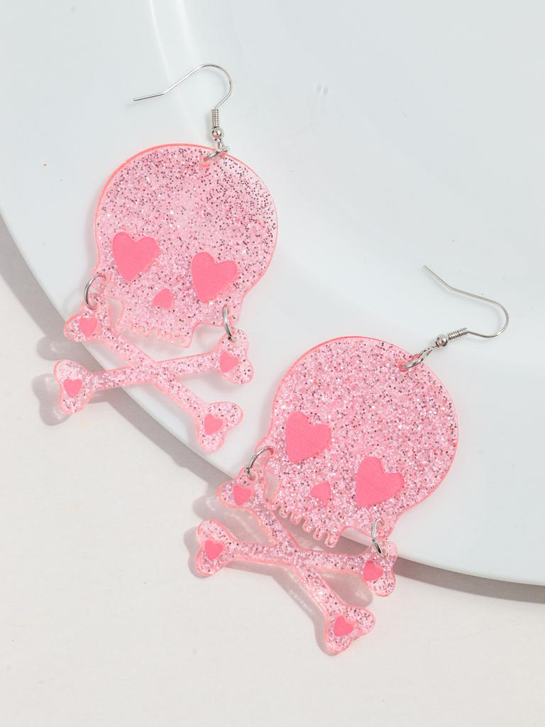 Halloween Transparent Pink Skull Acrylic Drop Earring Lovely Glitter Resin Dangle Earrings for Women Jewelry for Cute Girls Gift