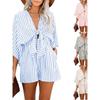 Striped V-neck Short Sleeve Set Women Stripe V-neck Short Sleeve Cardigan Lace-up Set