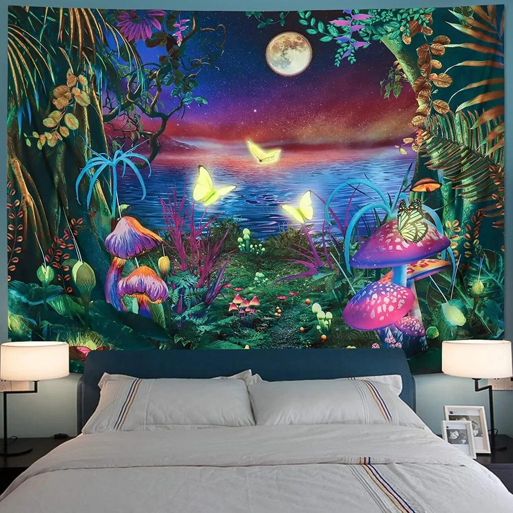 Psychedelic mushroom fluorescent tapestry luminous hanging cloth decoration  interior  under ultraviolet light