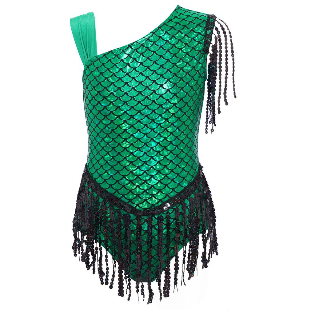 Dívčí třpytivé flitry rybí šupiny leotard mašle na zádech třásně body tanec soutěž party outfit