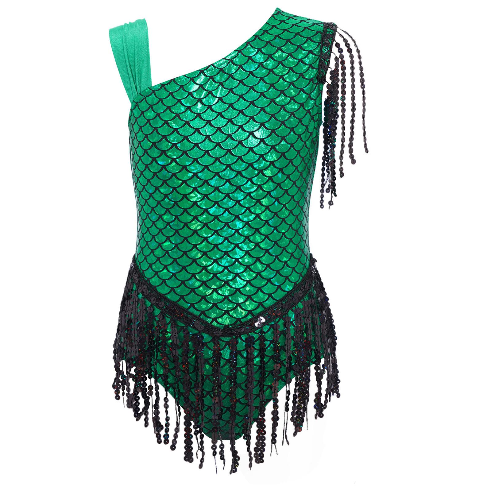 

Дівчачий блискучий леотар з паєтками та риб ячою лускою, з бантом на спині та китицями, боді для танцювальних змагань, вечірнє вбрання 7-8 Years зелений