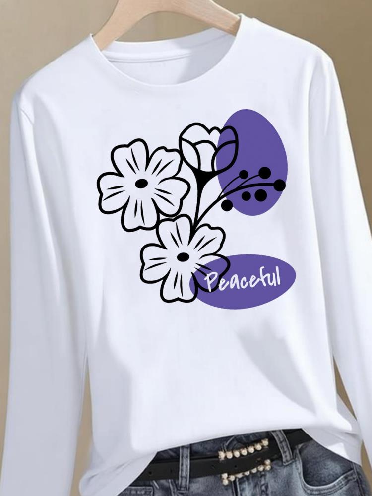 (Asian Size) flower style trend Clothing Women Graphic Tee o-neck Print T Shirt Casual autumn winter spring Fashion Top Long Sleeve T-shirts