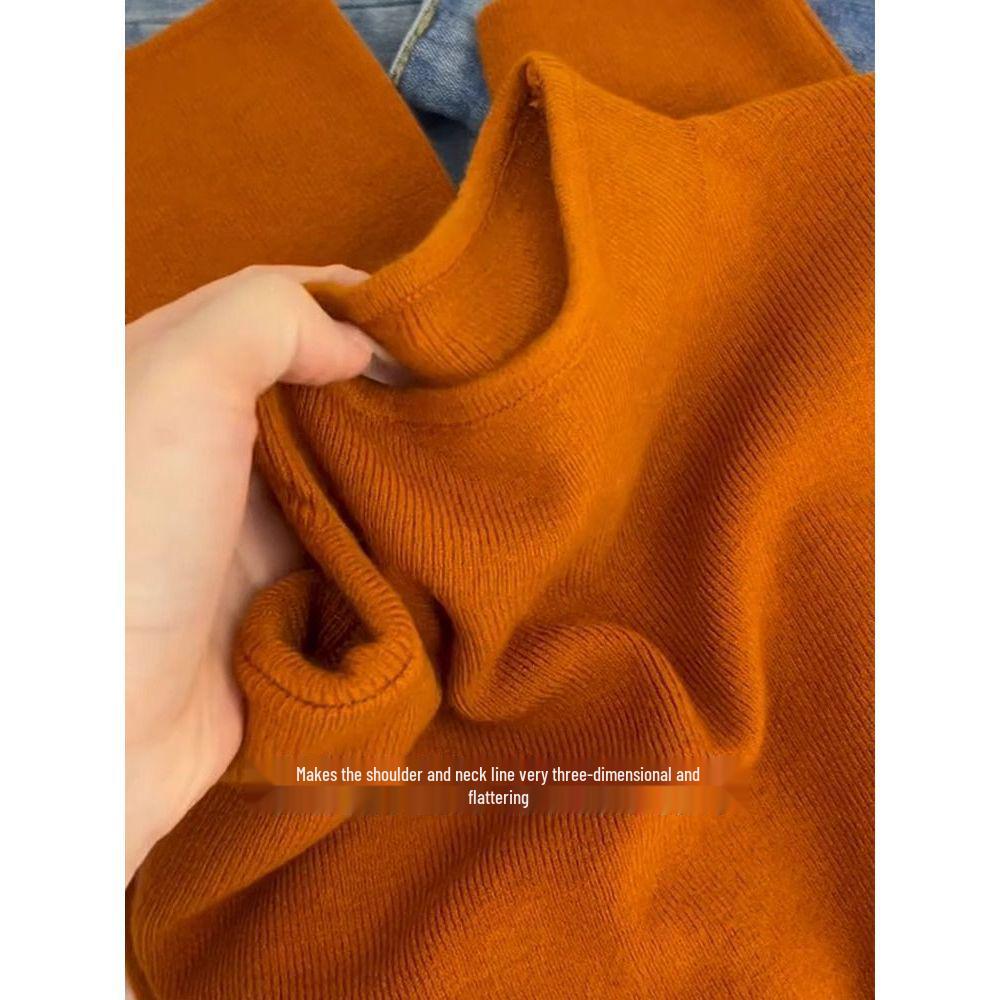 Orange Semi-High Neck Slim Fit Long Sleeve Knitted Sweater for Autumn/Winter