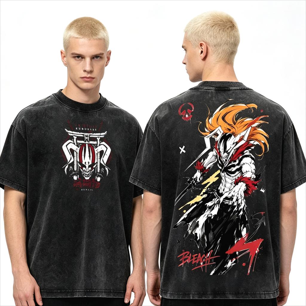 Summer Hot Sale Anime Kurosaki Ichigo BLEACH Washed T-shirt Y2K Men Women Hip Hop Streetwear Gothic Cotton Oversized T-shirts