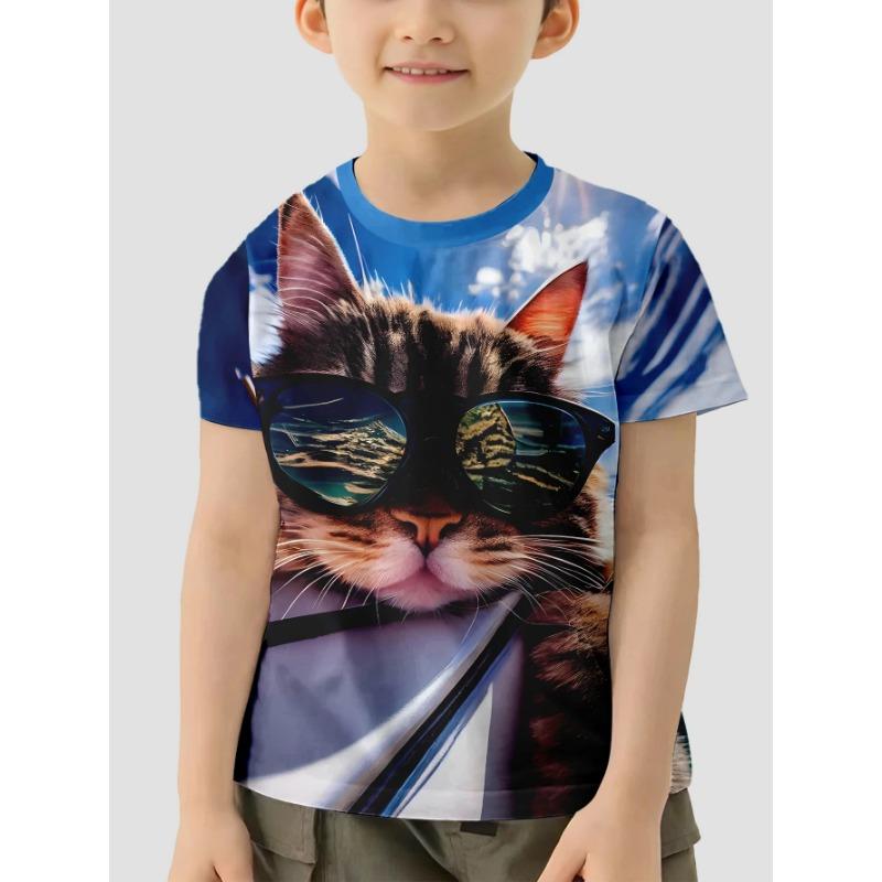 Summer Round Neck 3D Cat Pattern Printed Top Fashionable and Casual Short Sleeved Children's Boy T-shirts