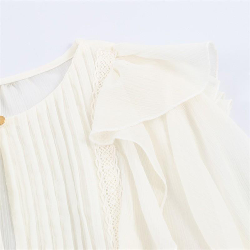 2026 Womens Loose Layered Ruffle Trim Casual Shirt Long Sleeve Round Neck Comfort Fit