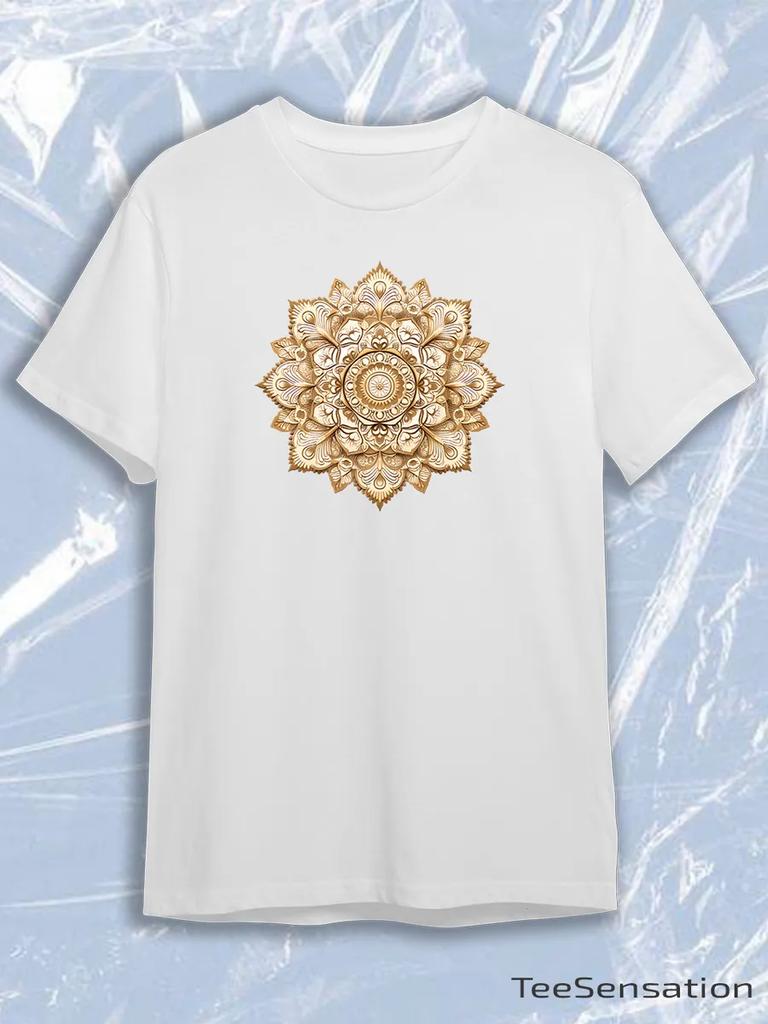 TeeSensation White Crew Neck Short Sleeve T-Shirt with Gold Ornate Mandala Print