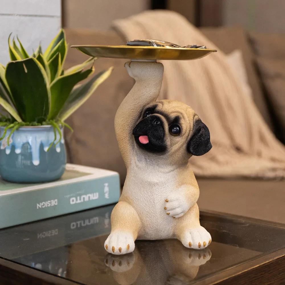 Adornos de Perro Pug Lindos Manualidades de Resina Estatua Decorativa de Perro Pug Widget Versátil de Perro Pug Plato Decoración para Sala de Estar Pasillo Hogar