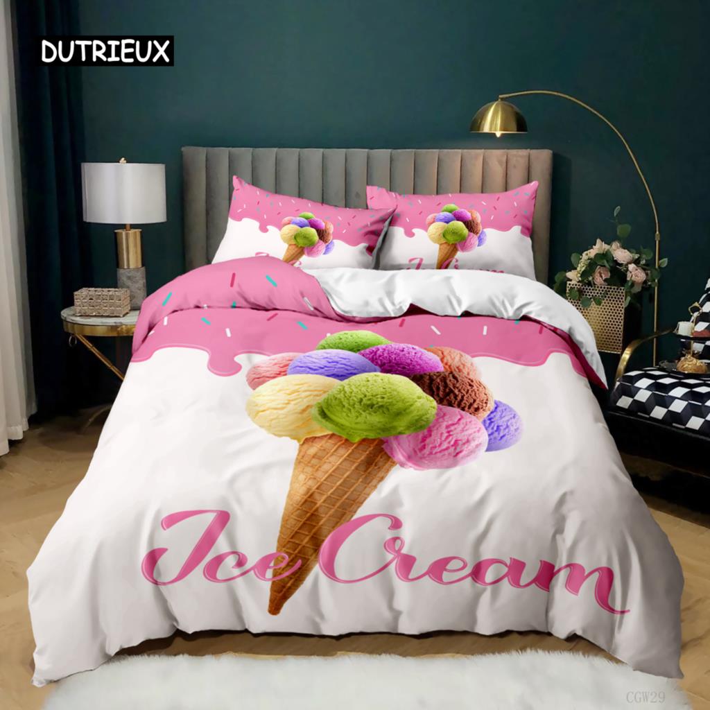 Set Husă Duvet Înghețată Set de Lenjerie de Pat Colorat Înghețată Stil Dulce pentru Copii Fată Microfibră Vară Queen King Size Husă Plapumă