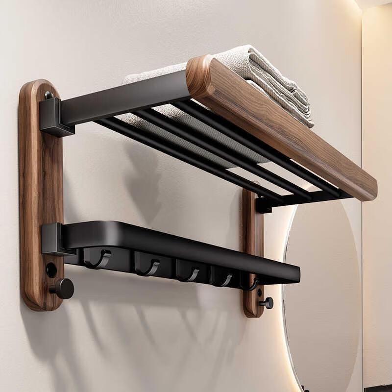 HANDUNYOU Doppelt faltbarer Handtuchständer aus schwarzem Nussbaumholz mit Ablage, 60 cm